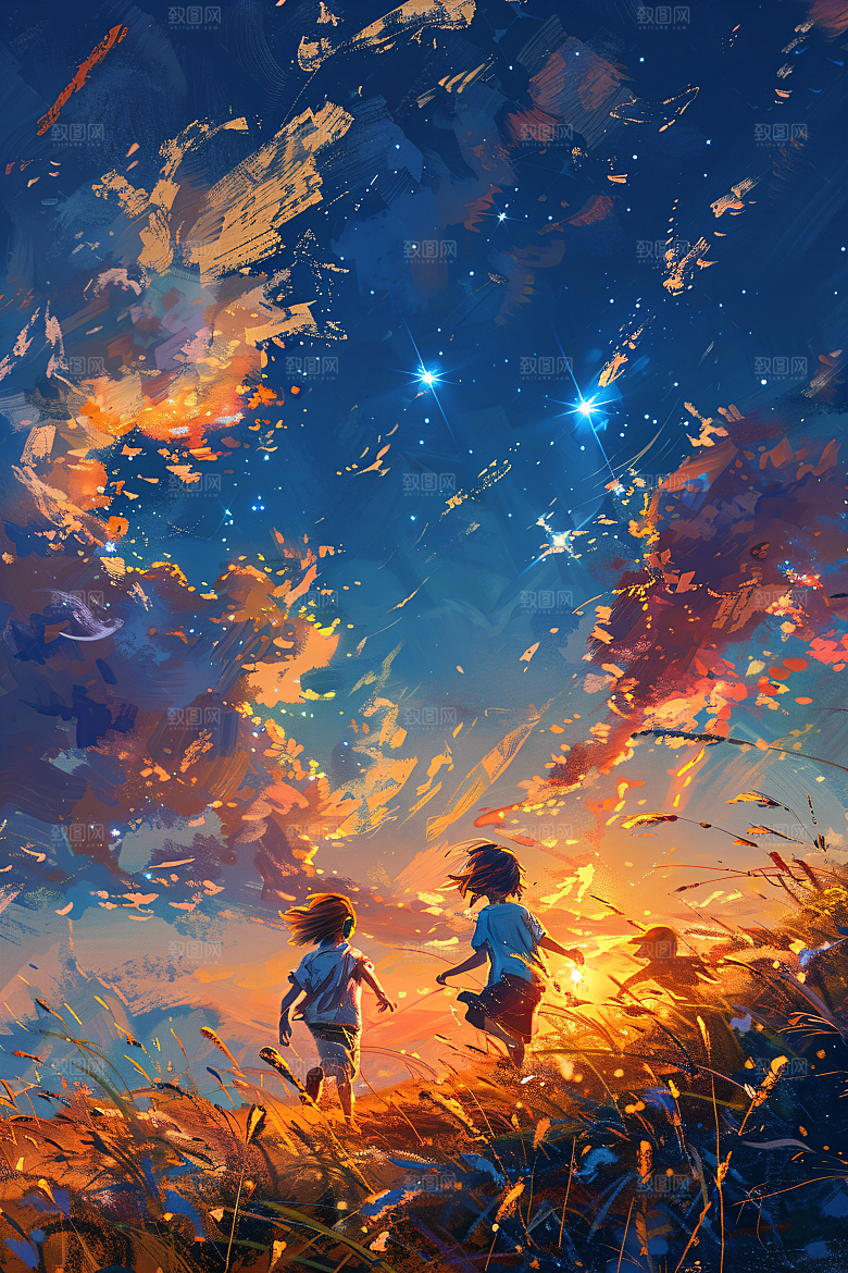 麦田里的小男孩天空星空油画