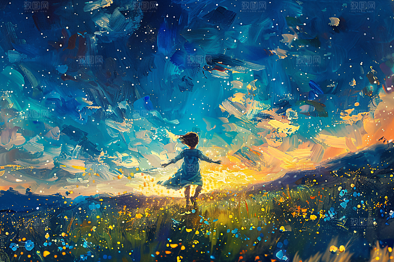 麦田里的小男孩风光天空油画