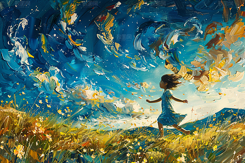 麦田里的小男孩清新星空油画