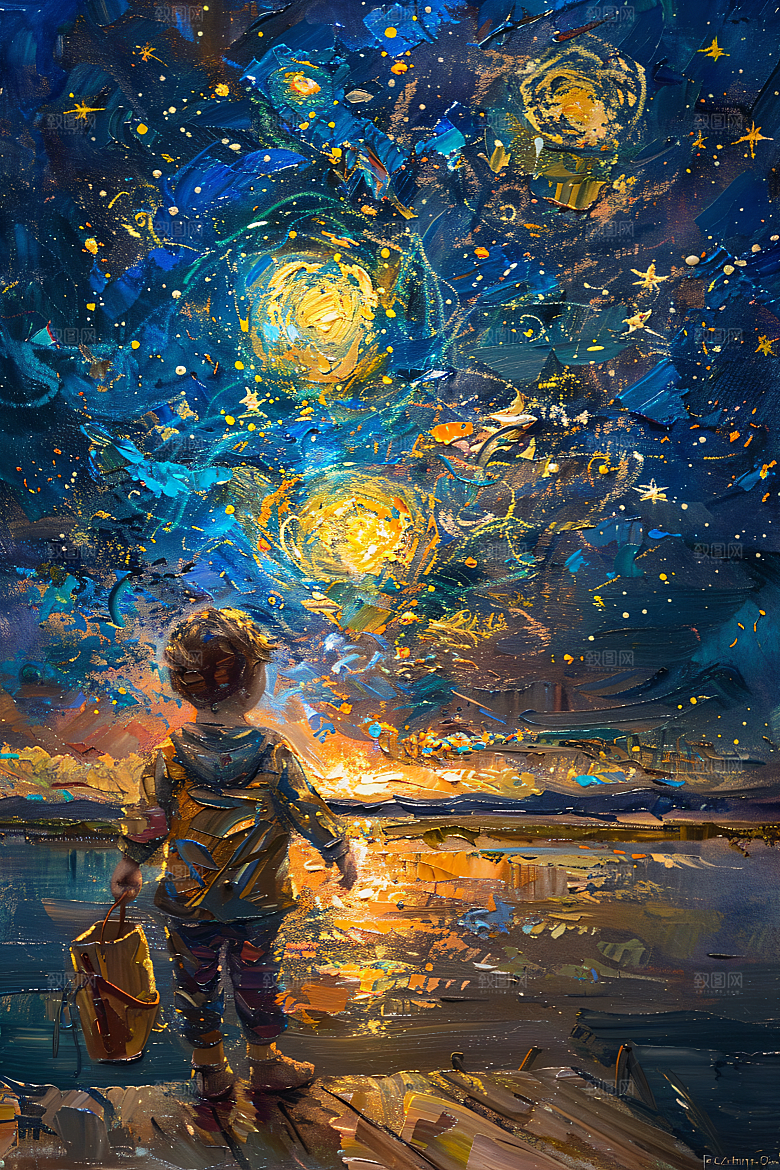 麦田里的小男孩小王子天空油画