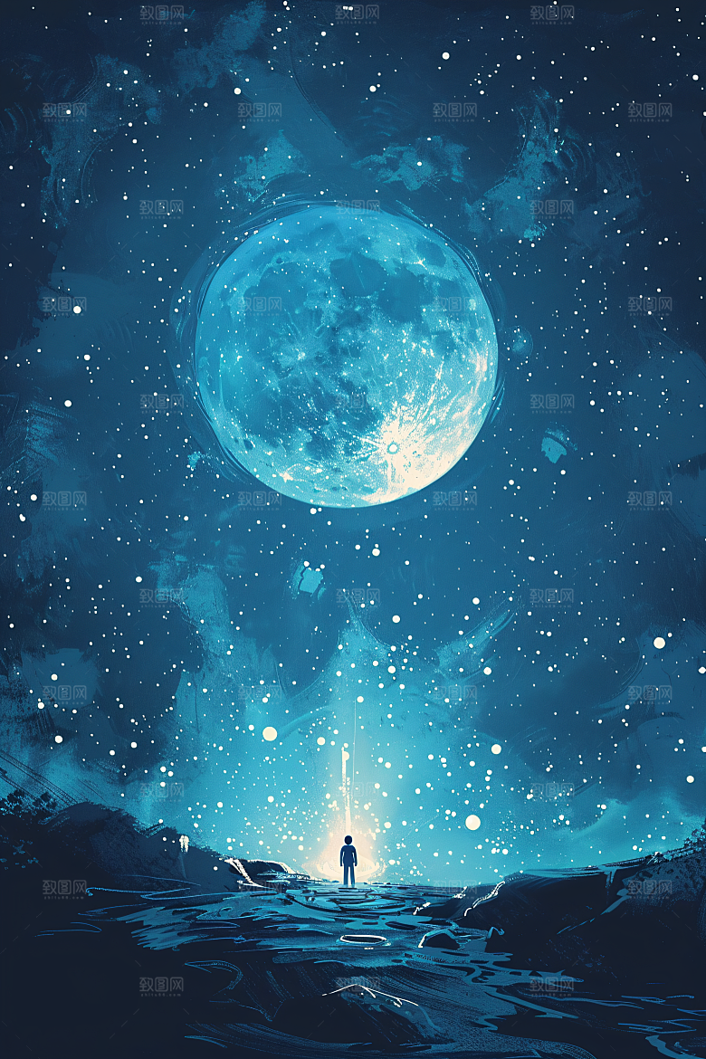 麦田里的小男孩星空自然油画