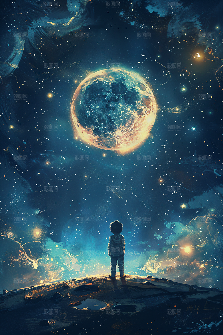 麦田里的小男孩星空田野油画
