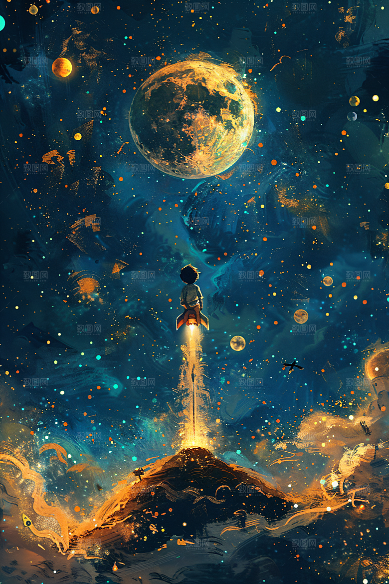 麦田里的小男孩清新星空油画