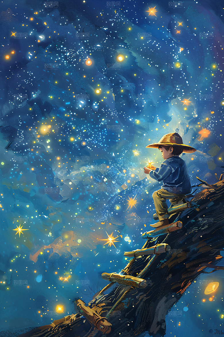 麦田里的小男孩星空艺术油画