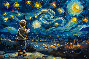 麦田里的小男孩天空梵高风格油画