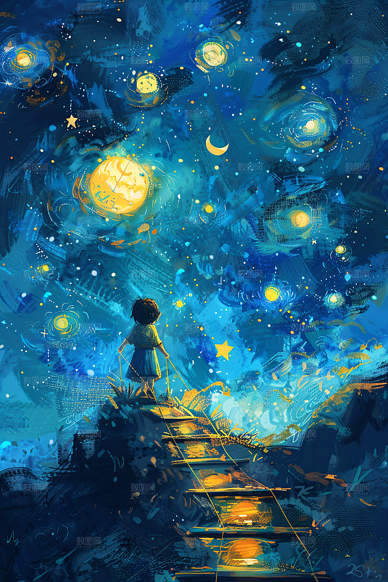 麦田里的小男孩星空肌理油画