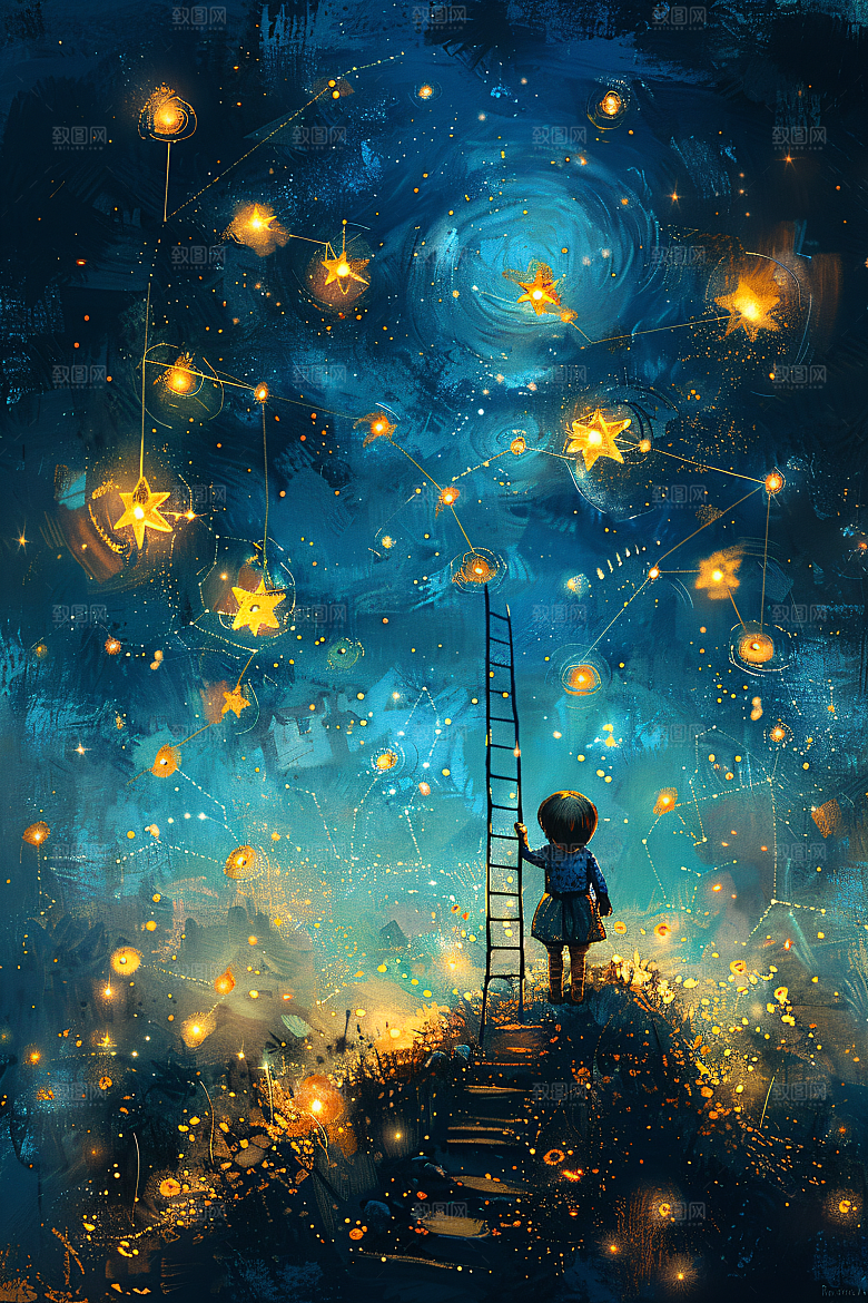 麦田里的小男孩星空艺术油画