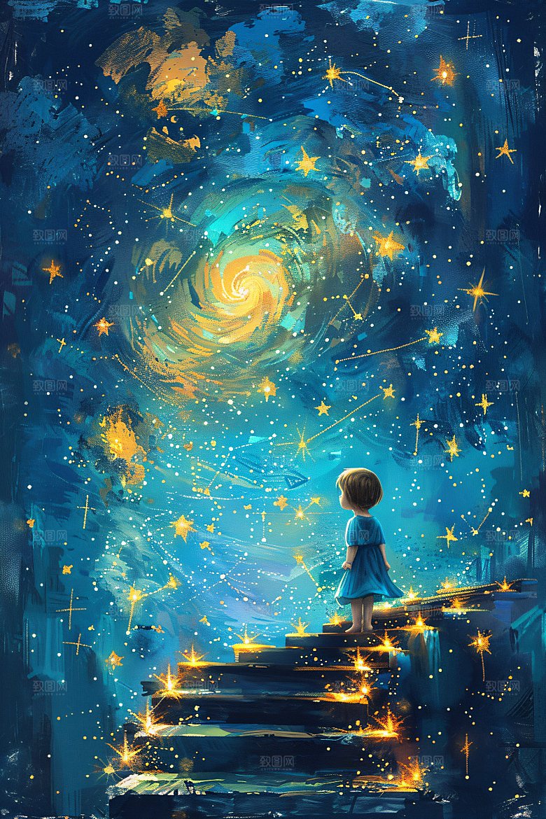 麦田里的小男孩手绘星空油画