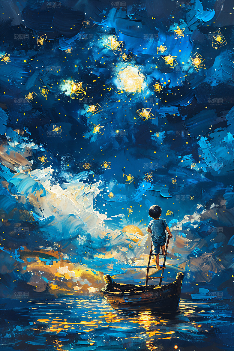 麦田里的小男孩梵高风格天空油画