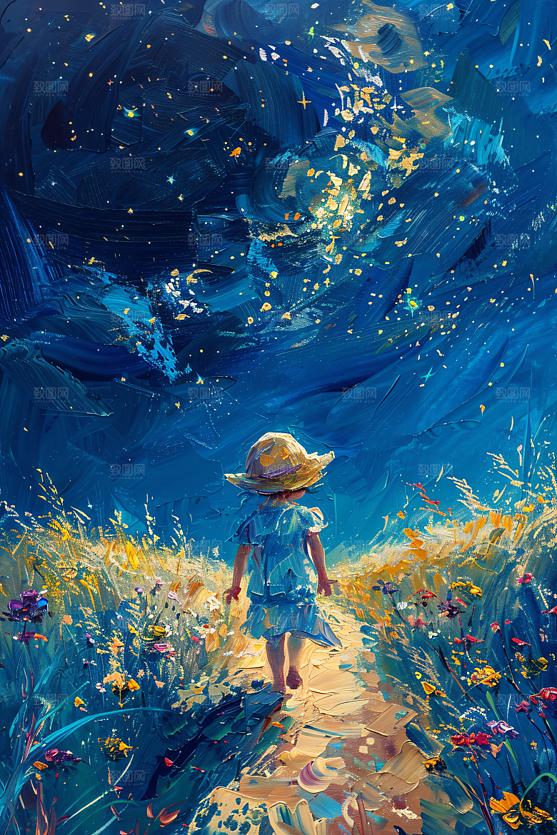 麦田里的小男孩星空风光油画