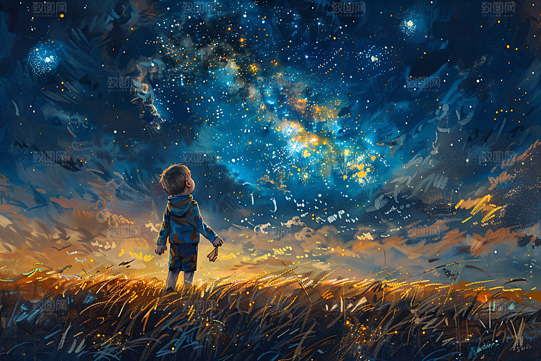 麦田里的小男孩星空风光油画