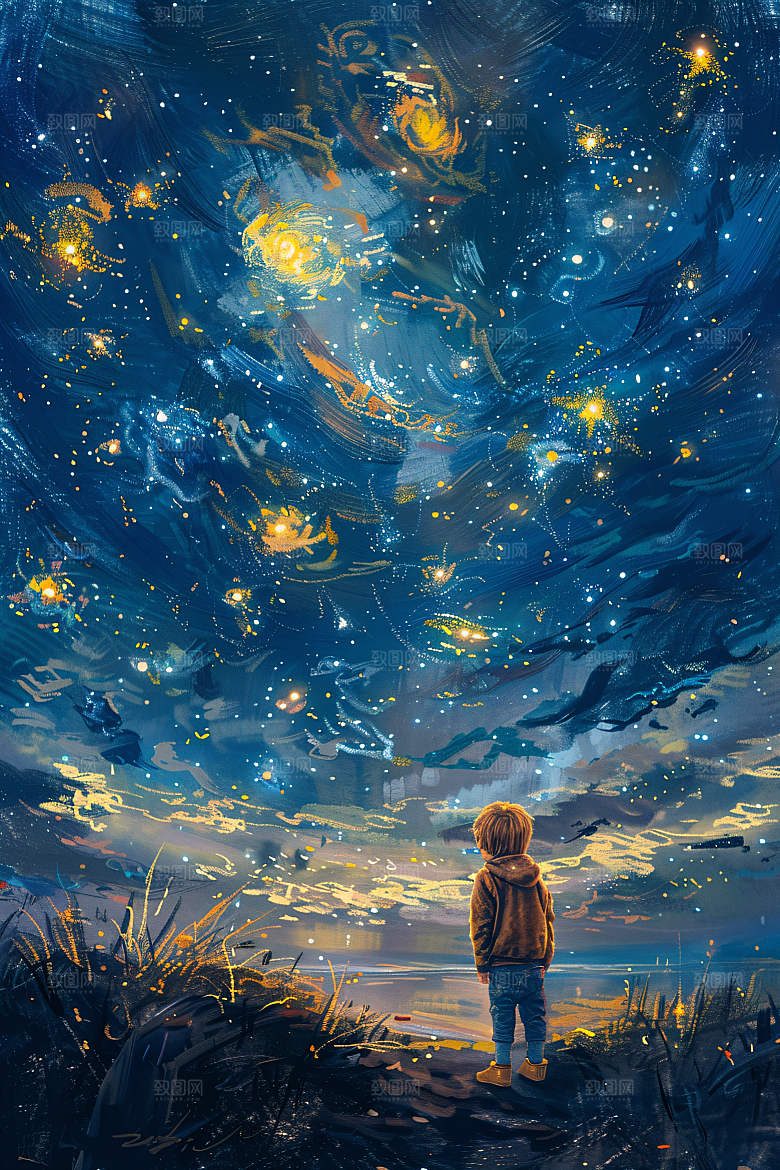 麦田里的小男孩自然星空油画