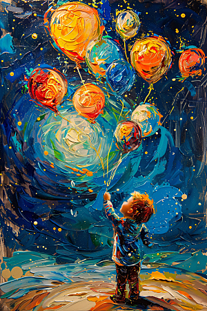 麦田里的小男孩自然星空油画