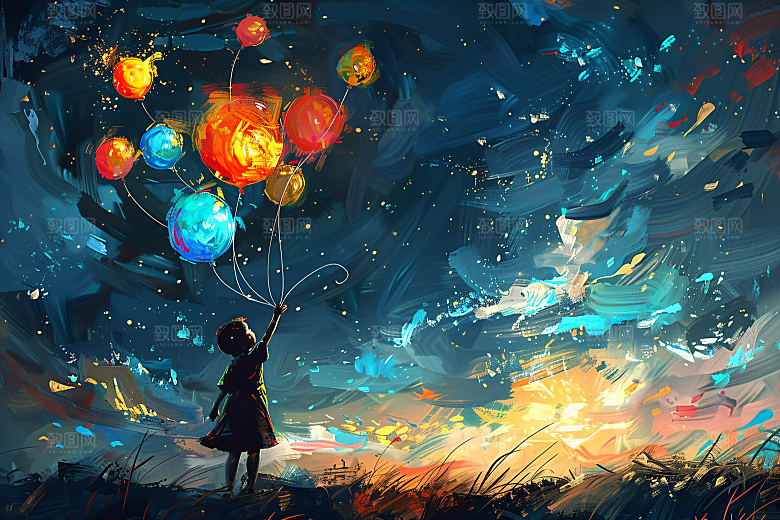 麦田里的小男孩天空风光油画