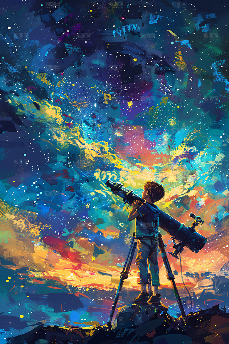 麦田里的小男孩星空灿烂油画
