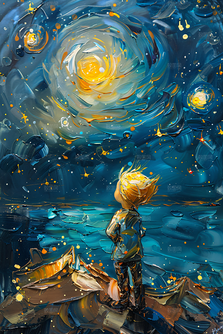 麦田里的小男孩灿烂星空油画