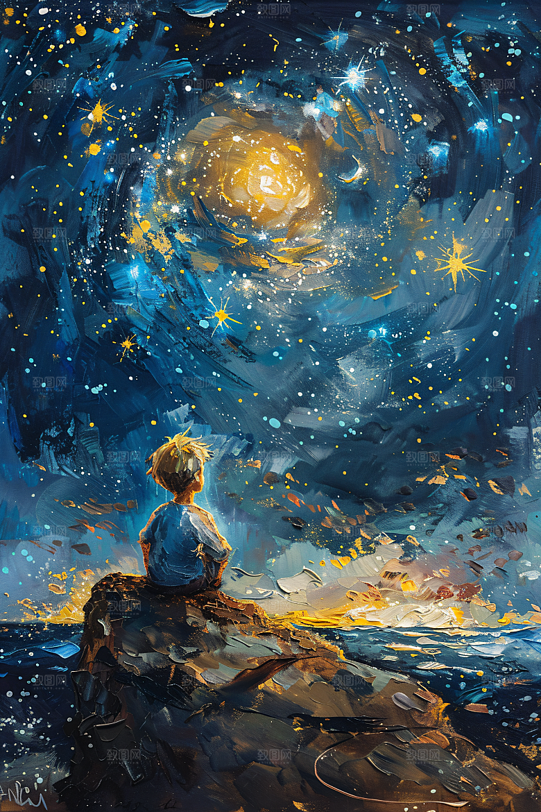 麦田里的小男孩肌理天空油画