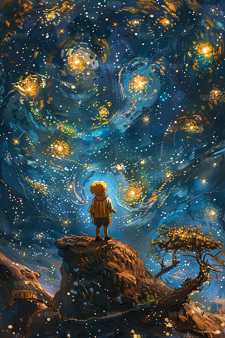 麦田里的小男孩星空天空油画