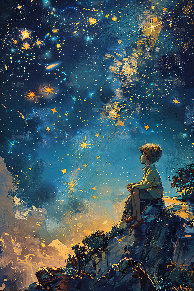 麦田里的小男孩清新星空油画