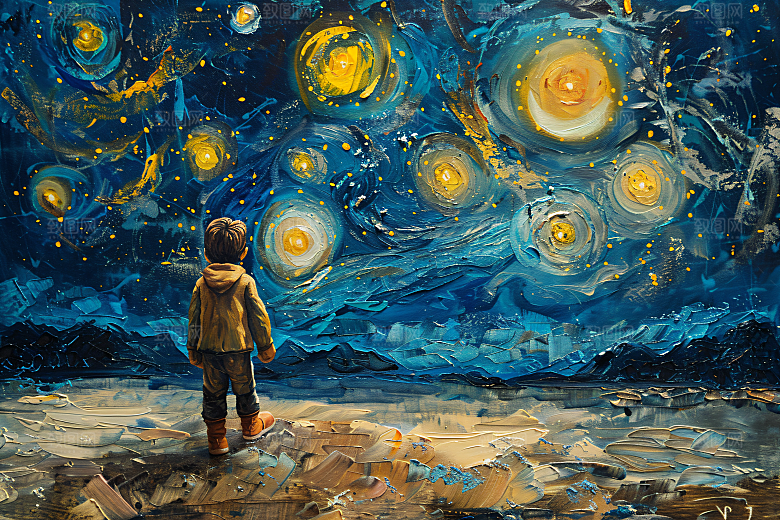 麦田里的小男孩灿烂星空油画