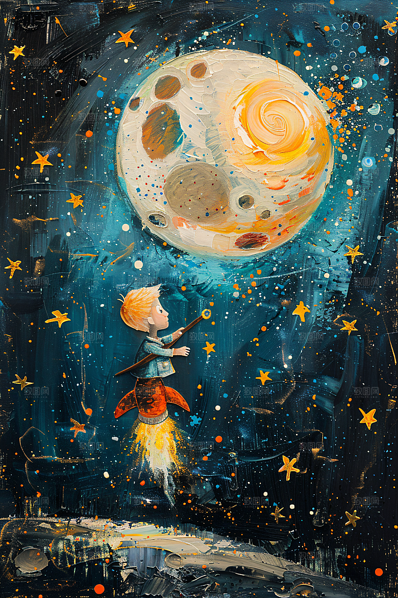 麦田里的小男孩肌理星空油画