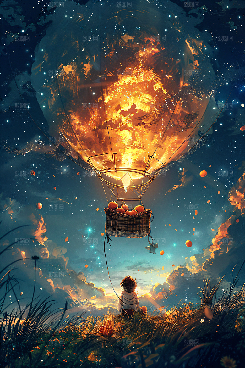 麦田里的小男孩星空艺术油画