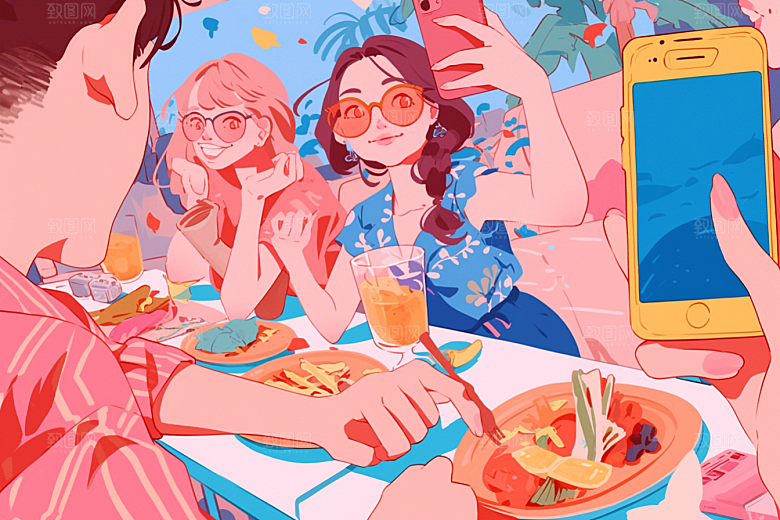 夏日聚会欢乐自拍插画