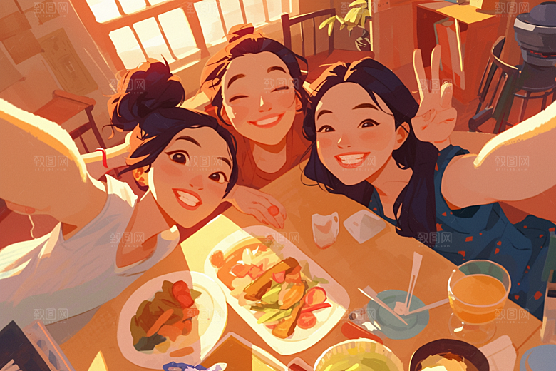 夏日聚会漫画风同学插画