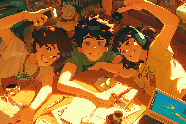 夏日聚会同学场景插画