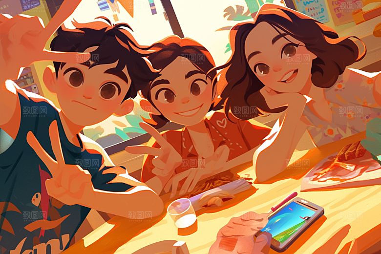夏日聚会暑假友谊插画