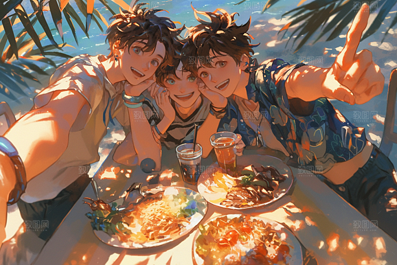 夏日聚会发小场景插画