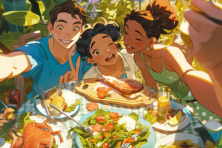 夏日聚会场景自拍插画