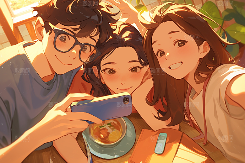 夏日聚会自拍手绘插画