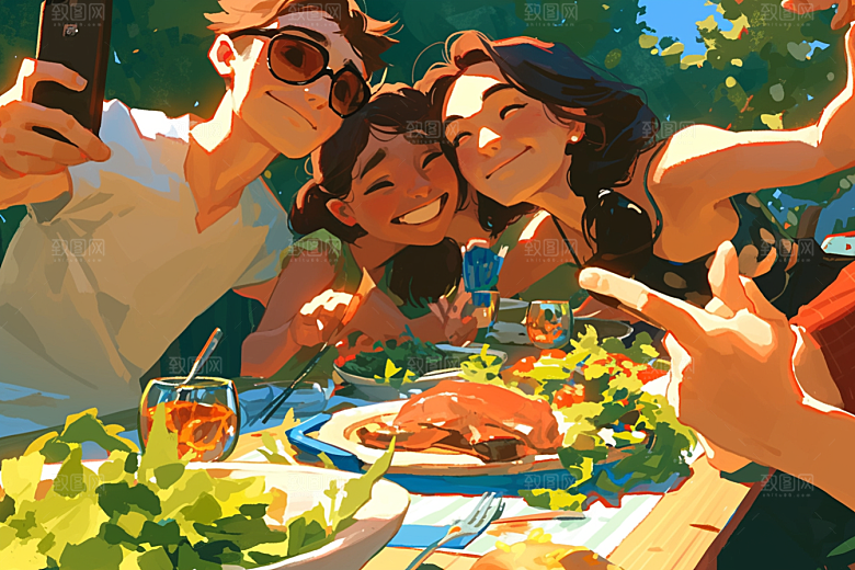 夏日聚会同学高清插画
