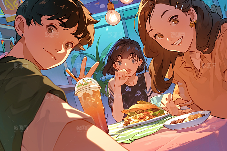 夏日聚会自拍场景插画