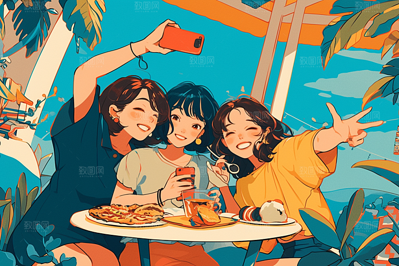 夏日聚会自拍漫画风插画