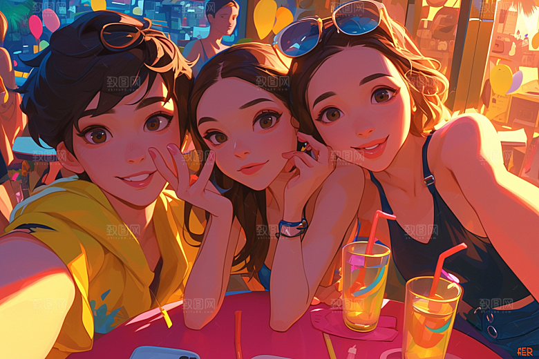 夏日聚会暑假友情插画