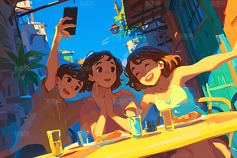 夏日聚会漫画风自拍插画