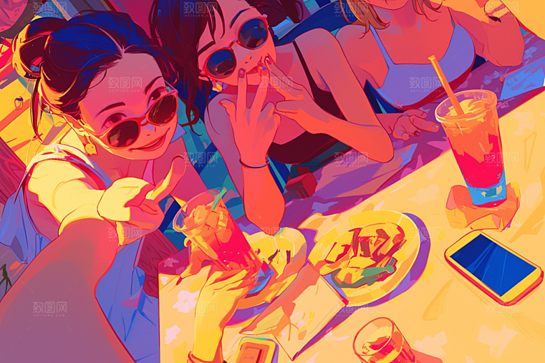夏日聚会友情漫画风插画