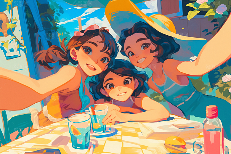 夏日聚会漫画风同学插画