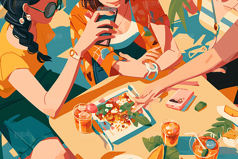 夏日聚会发小自拍插画
