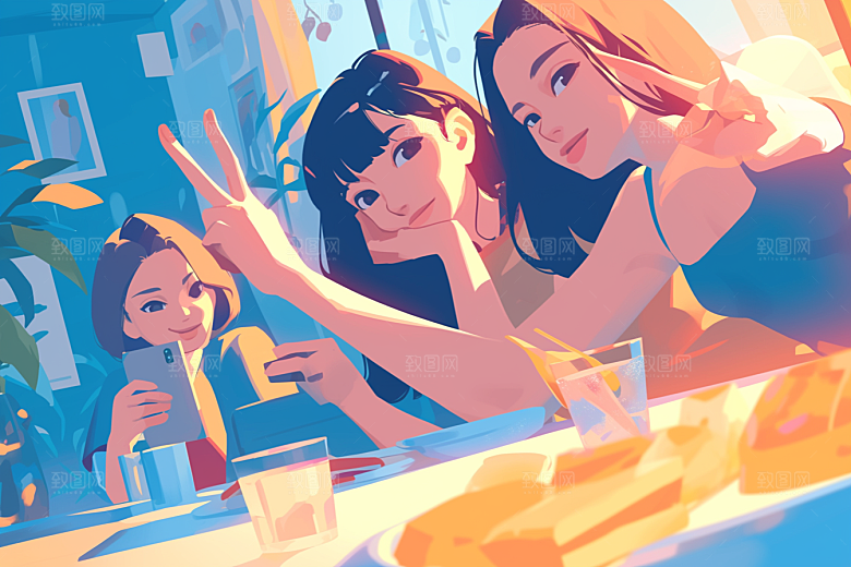 夏日聚会友情漫画风插画