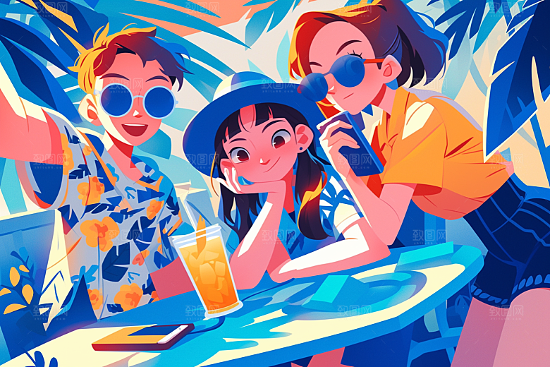 夏日聚会假日漫画风插画