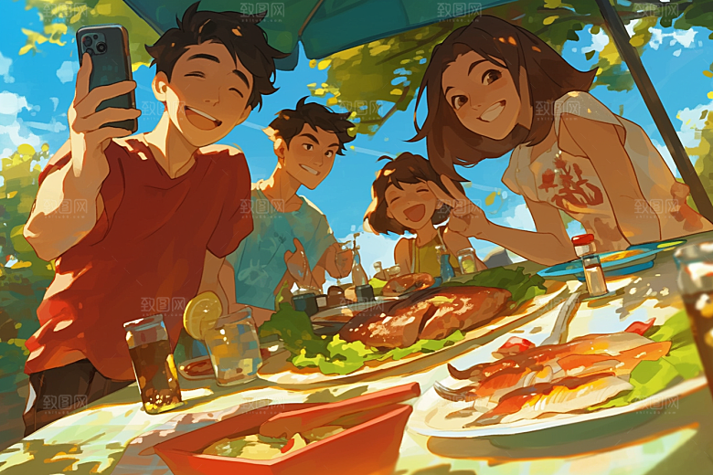夏日聚会友情手绘插画