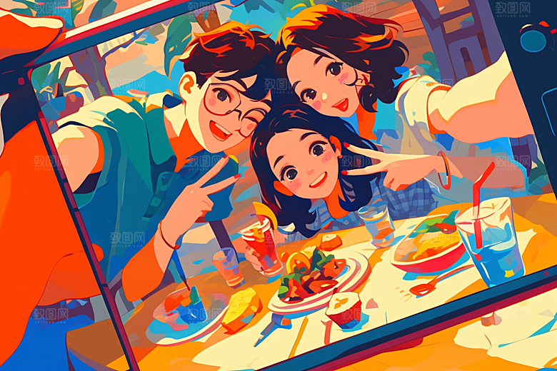 夏日聚会暑假手绘插画