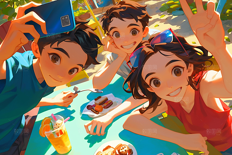 夏日聚会玩耍同学插画