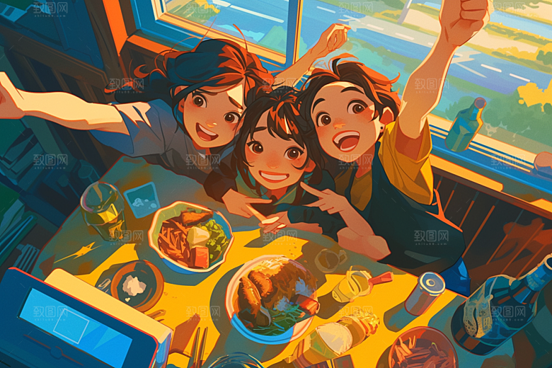 夏日聚会友情自拍插画