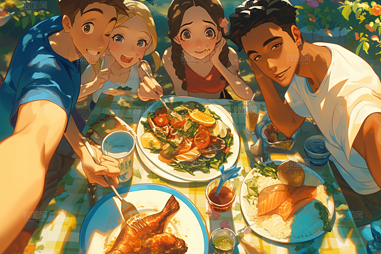 夏日聚会发小假日插画