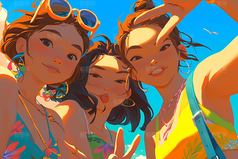 夏日聚会发小自拍插画