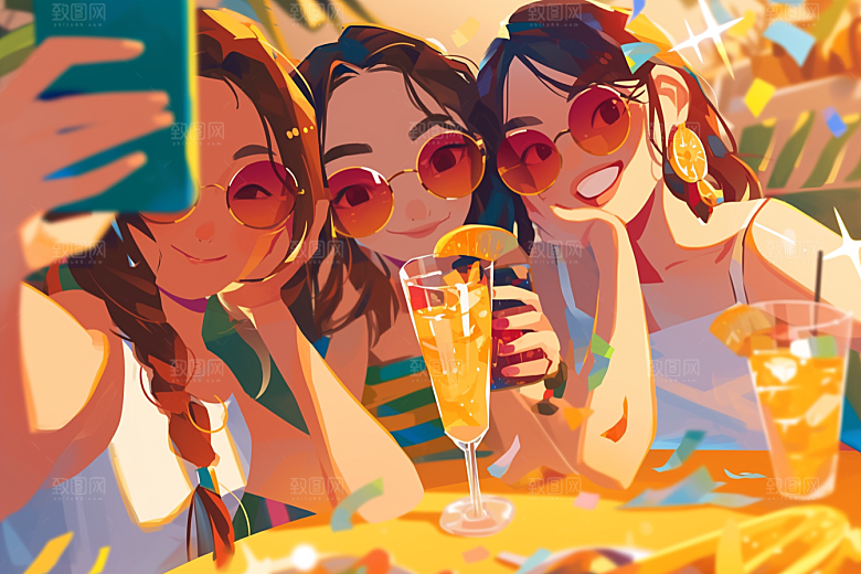 夏日聚会玩耍同学插画
